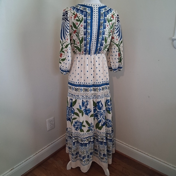 House Of Harlow Cream Blue And White Linen And Cotton Maxi Dress Size Small - Picture 3 of 11